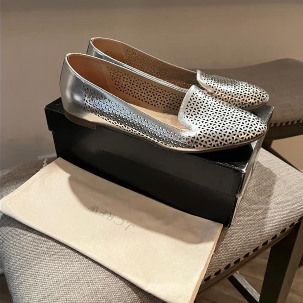 J crew Cleo perforated mirror metallic loafers